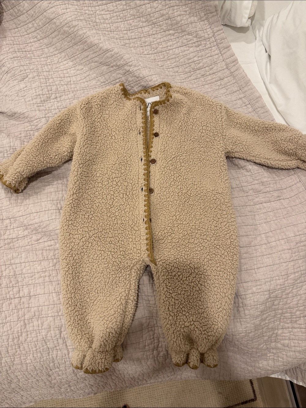 Zara Cream Sherpa One-Piece Footie with Mustard Trim